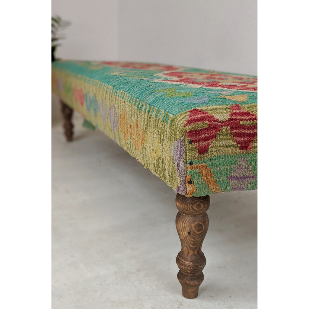 Chobi kilim bench footstool ottoman, green, red, yellow-Handmade Ethnic Footstools-KONTRAST