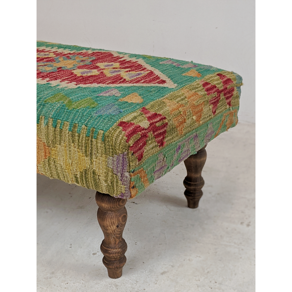 Chobi kilim bench footstool ottoman, green, red, yellow-Handmade Ethnic Footstools-KONTRAST