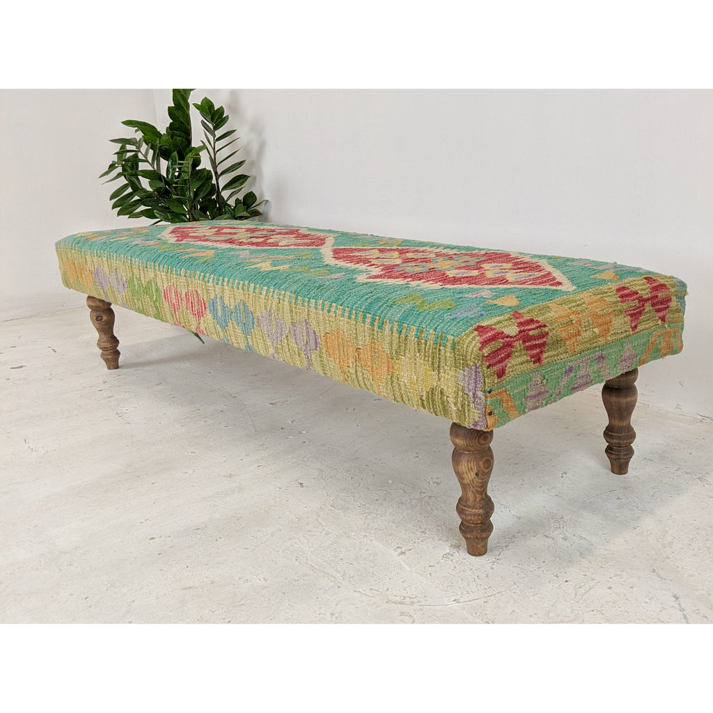 Chobi kilim bench footstool ottoman, green, red, yellow-Handmade Ethnic Footstools-KONTRAST