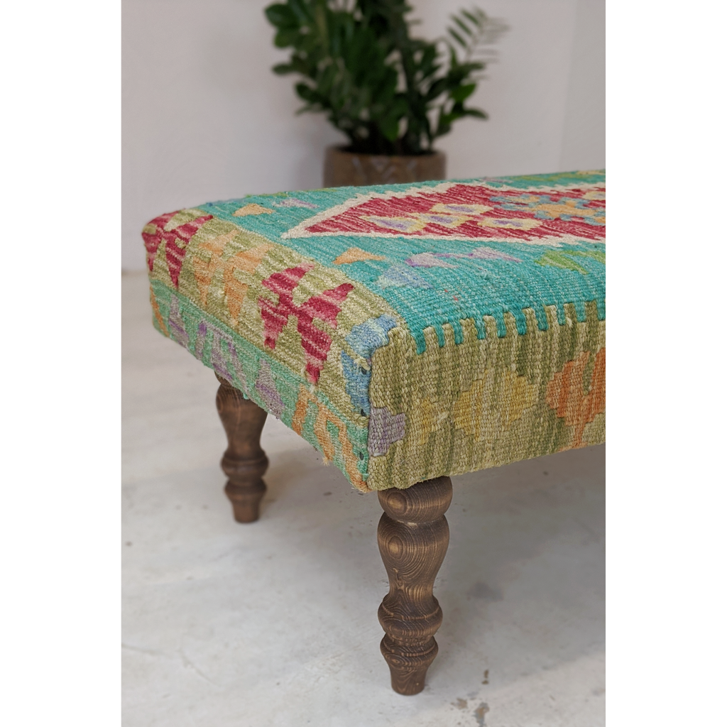 Chobi kilim bench footstool ottoman, green, red, yellow-Handmade Ethnic Footstools-KONTRAST