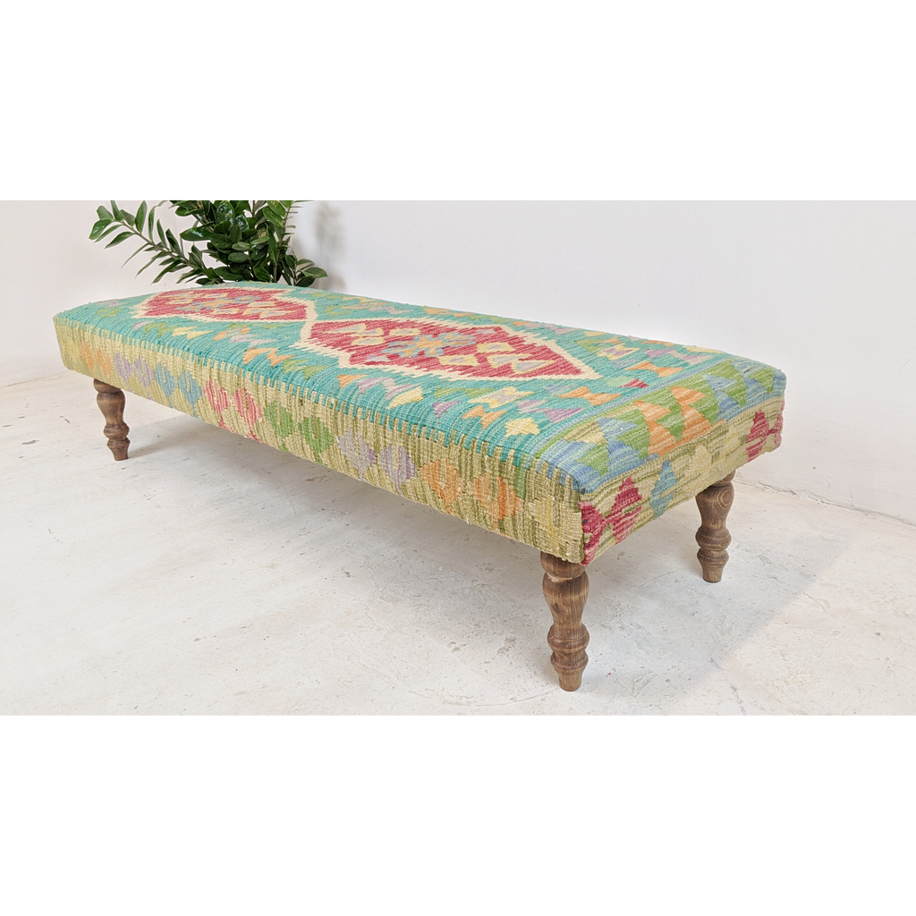 Chobi kilim bench footstool ottoman, green, red, yellow-Handmade Ethnic Footstools-KONTRAST