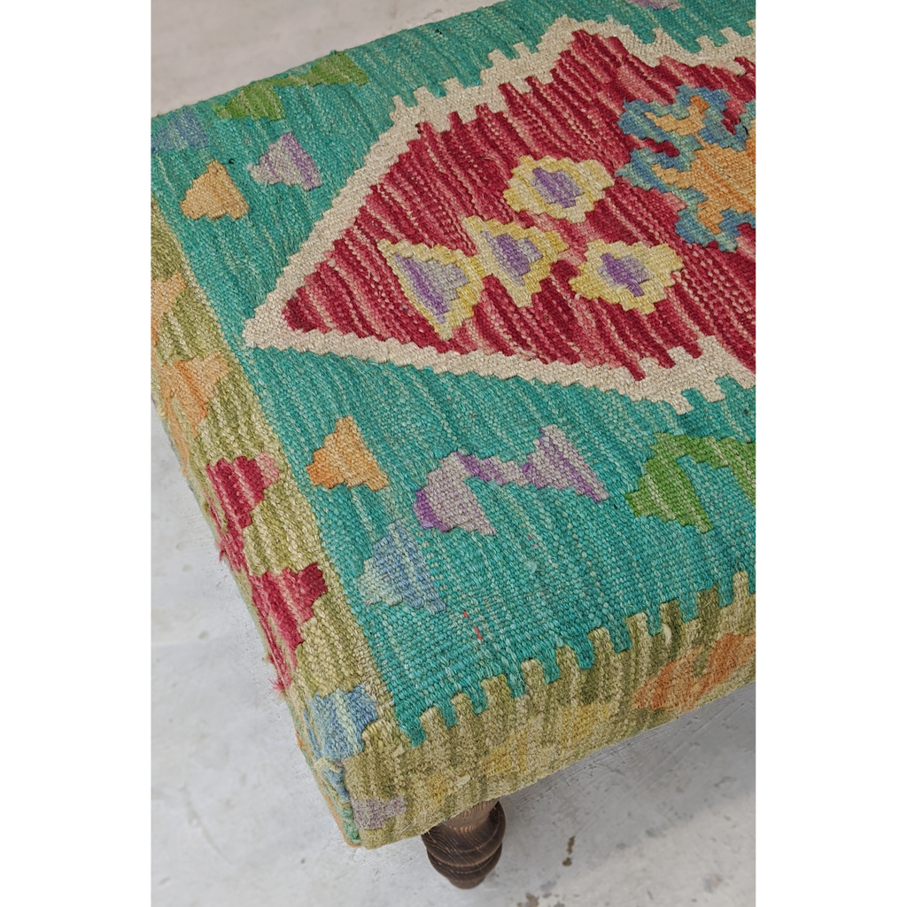 Chobi kilim bench footstool ottoman, green, red, yellow-Handmade Ethnic Footstools-KONTRAST