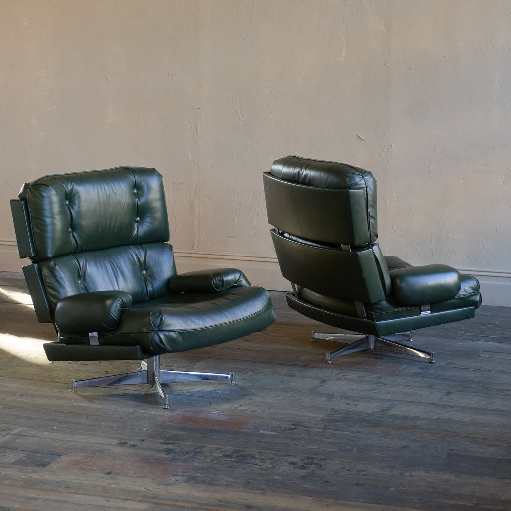 Howard Keith Kohinoor Green Leather Swivel Armchairs (pair)-Mid Century Seating-KONTRAST