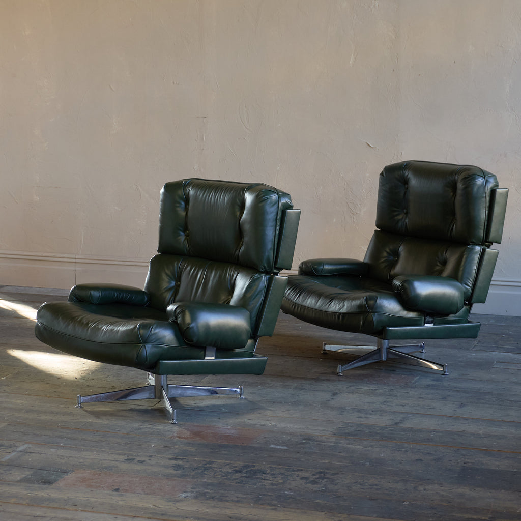 Howard Keith Kohinoor Green Leather Swivel Armchairs (pair)-Mid Century Seating-KONTRAST