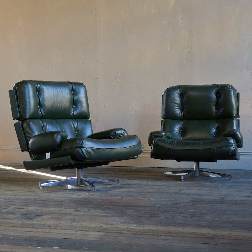 Howard Keith Kohinoor Green Leather Swivel Armchairs (pair)-Mid Century Seating-KONTRAST