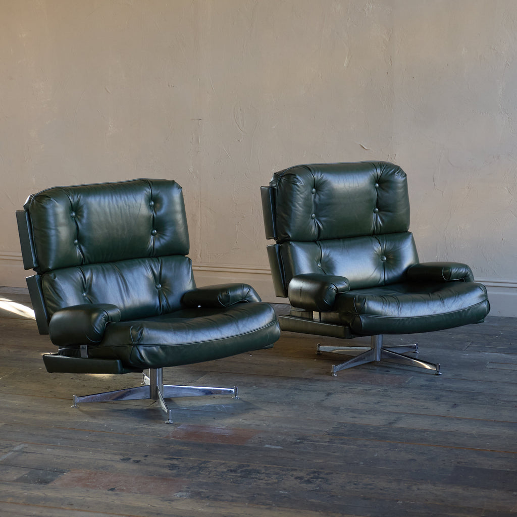 Howard Keith Kohinoor Green Leather Swivel Armchairs (pair)-Mid Century Seating-KONTRAST