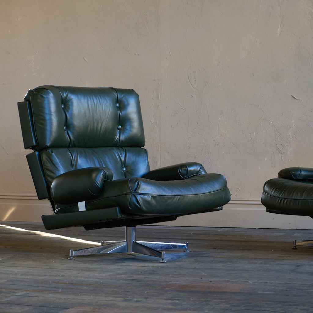 Howard Keith Kohinoor Green Leather Swivel Armchairs (pair)-Mid Century Seating-KONTRAST