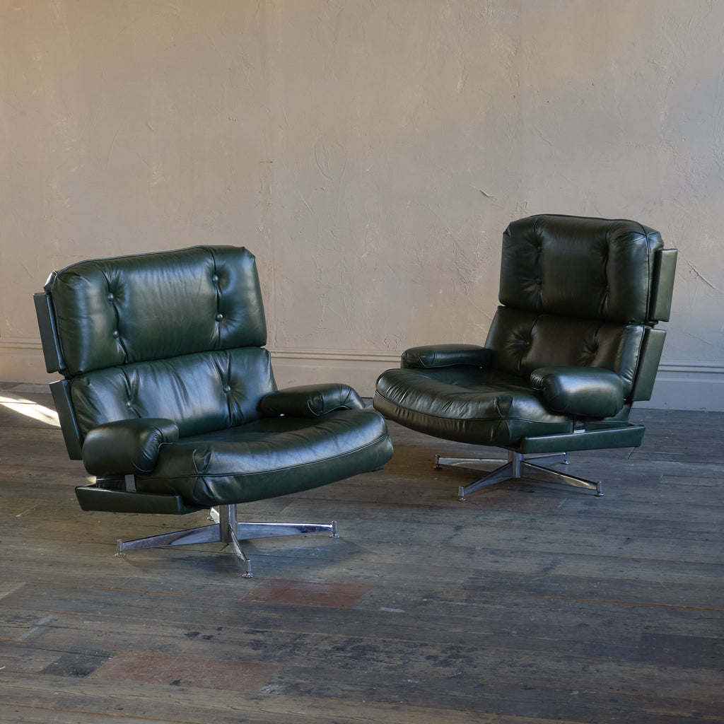 Howard Keith Kohinoor Green Leather Swivel Armchairs (pair)-Mid Century Seating-KONTRAST