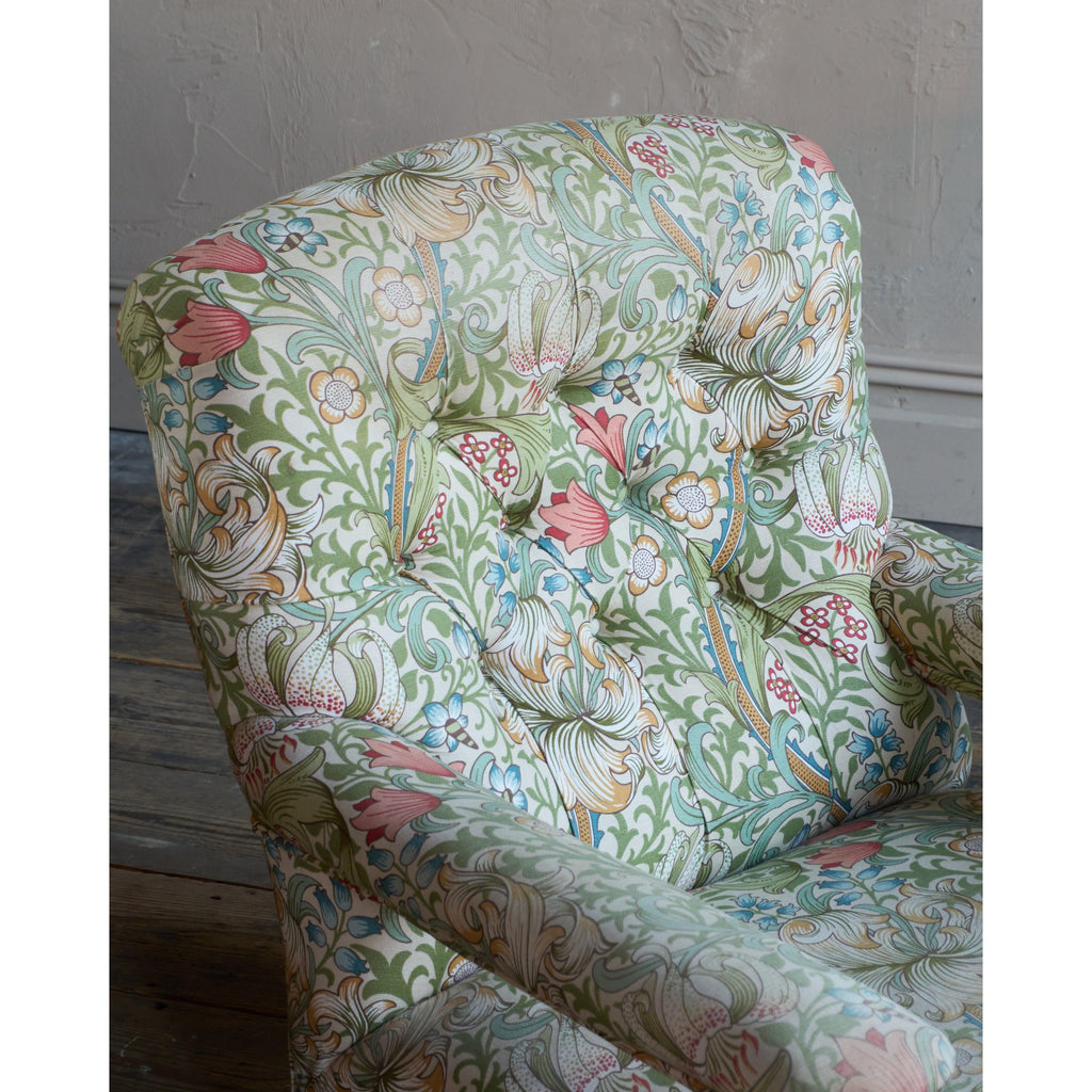 Howard and Sons Open Armchair, William Morris fabric-Antique Seating-KONTRAST