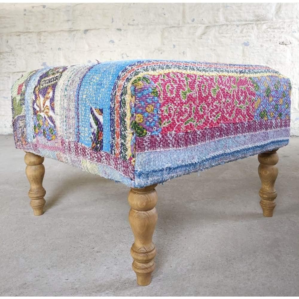 Kantha patchwork footstool-Handmade Ethnic Footstools-KONTRAST