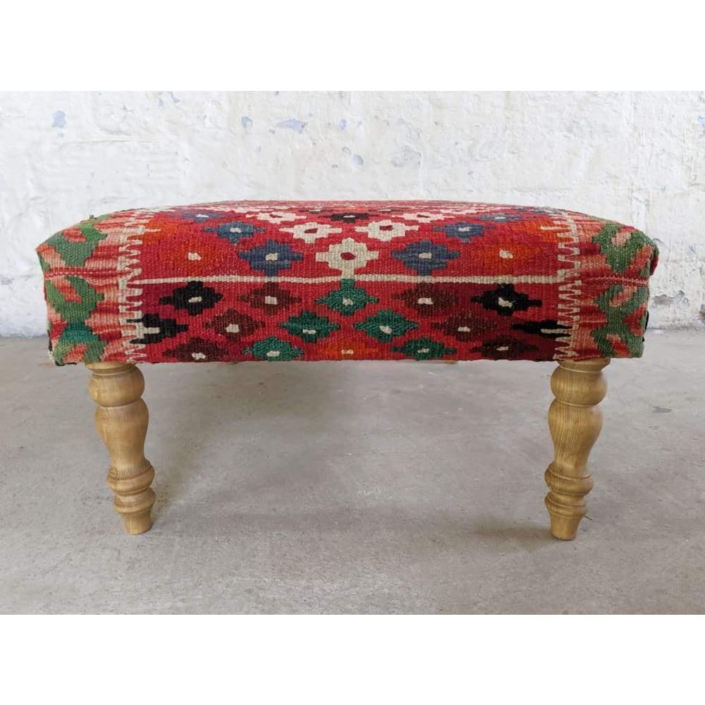 Kilim Footstool - Handmade Ottoman - red, blue-Handmade Ethnic Footstools-KONTRAST