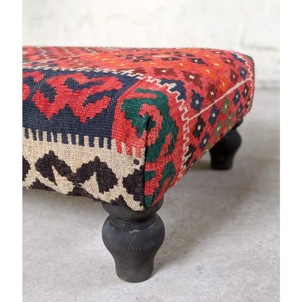Kilim Footstool - Handmade Ottoman - red, blue-Handmade Ethnic Footstools-KONTRAST