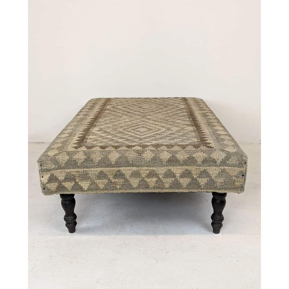 Kilim Footstool / Ottoman, Handmade Khudrang Kilim wool rug footstool on turned legs-Handmade Ethnic Footstools-KONTRAST