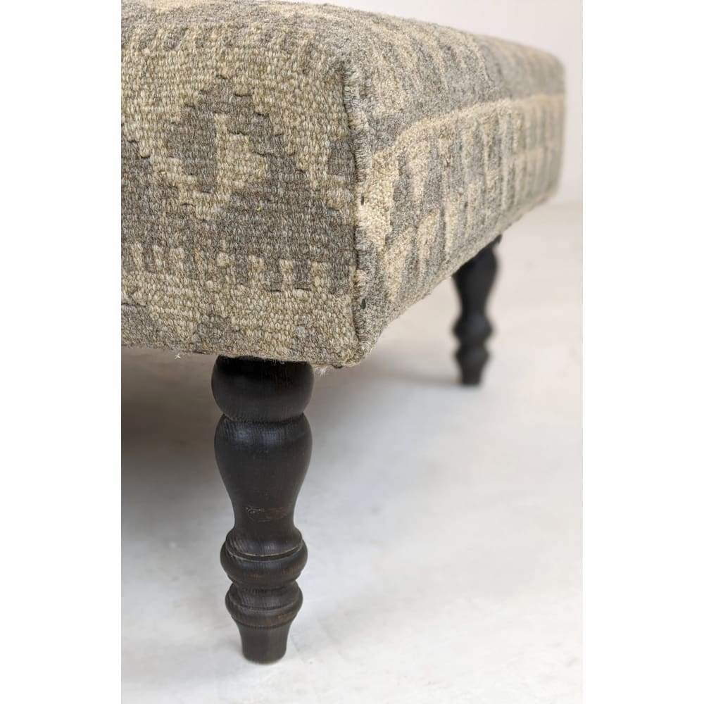 Kilim Footstool / Ottoman, Handmade Khudrang Kilim wool rug footstool on turned legs-Handmade Ethnic Footstools-KONTRAST