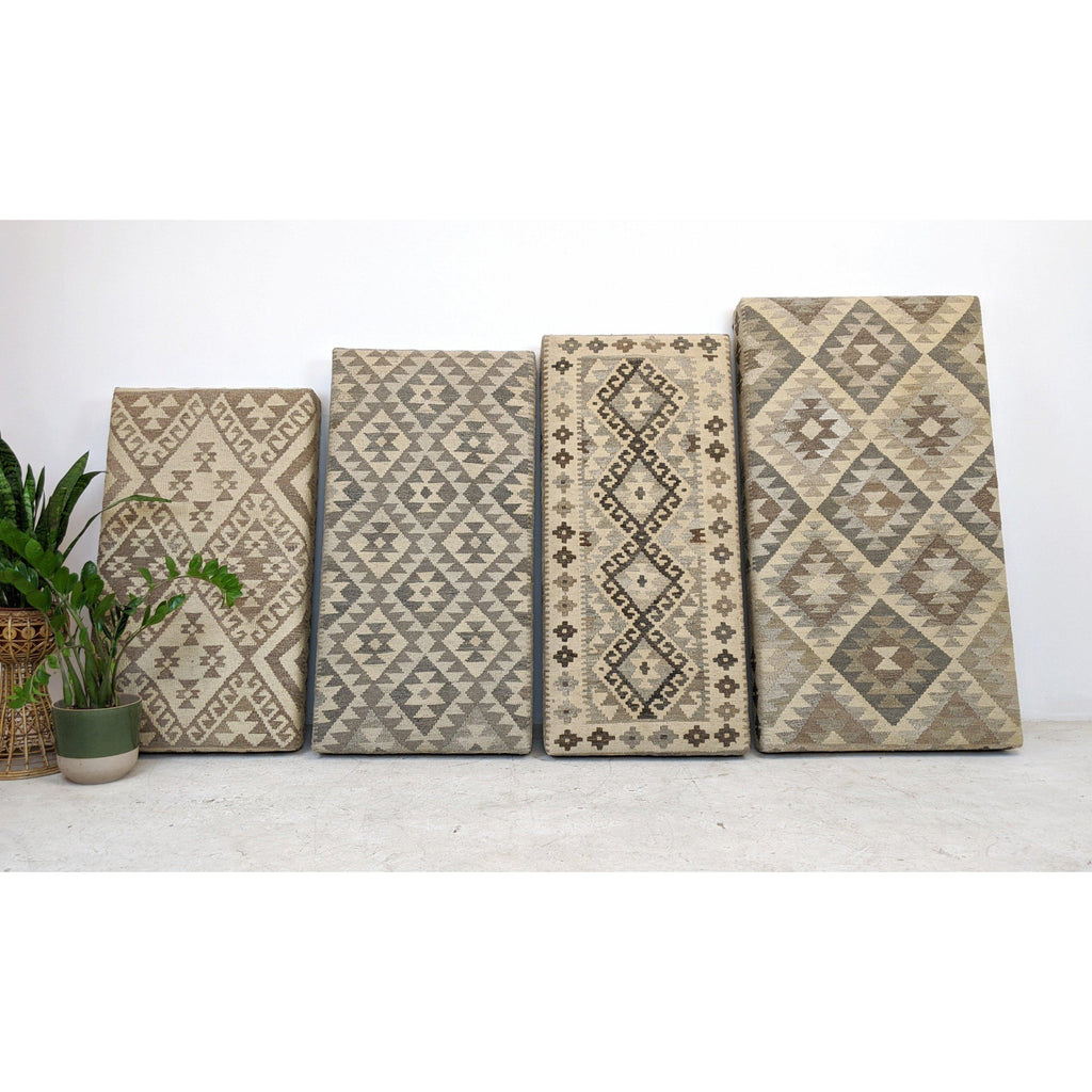 Kilim Footstool / Ottoman, Handmade Khudrang Kilim wool rug footstool on turned legs-Handmade Ethnic Footstools-KONTRAST