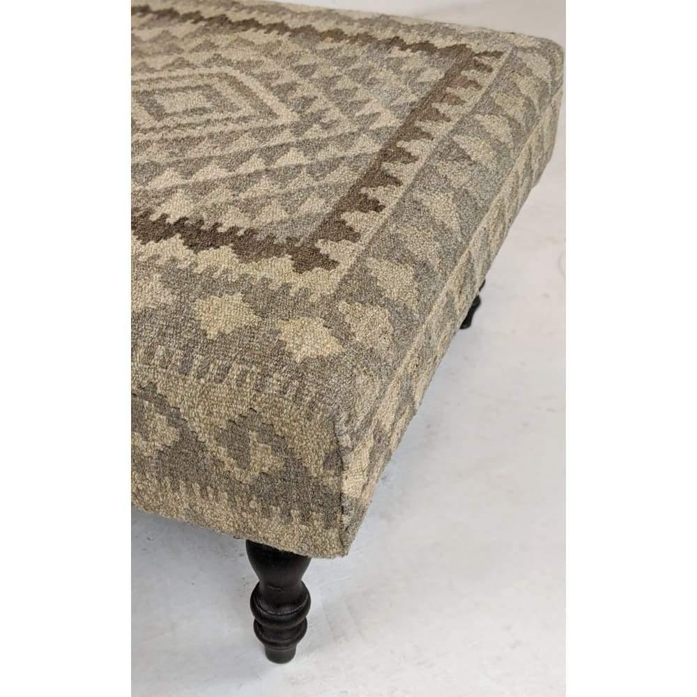 Kilim Footstool / Ottoman, Handmade Khudrang Kilim wool rug footstool on turned legs-Handmade Ethnic Footstools-KONTRAST
