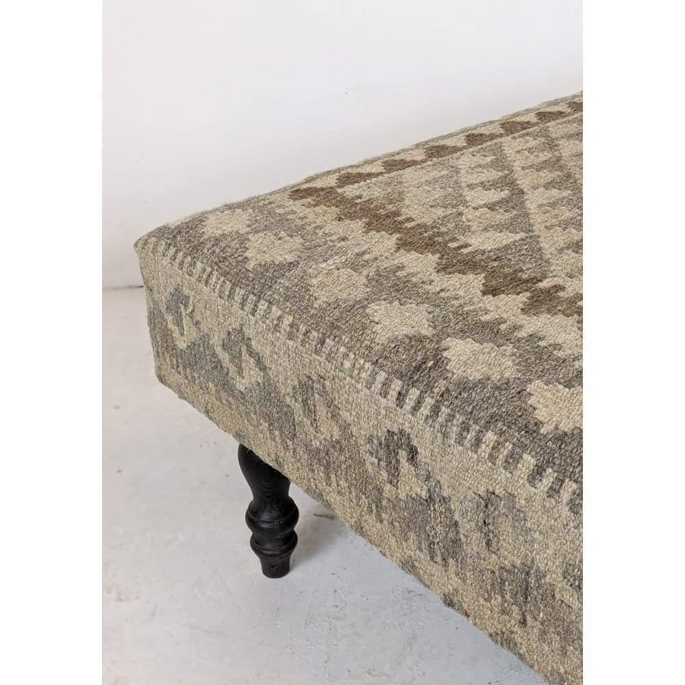 Kilim Footstool / Ottoman, Handmade Khudrang Kilim wool rug footstool on turned legs-Handmade Ethnic Footstools-KONTRAST