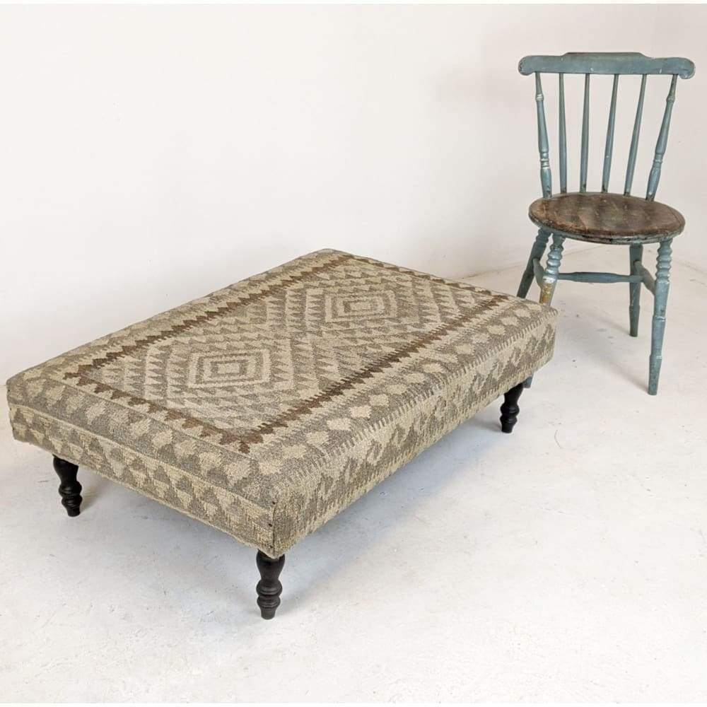 Kilim Footstool / Ottoman, Handmade Khudrang Kilim wool rug footstool on turned legs-Handmade Ethnic Footstools-KONTRAST