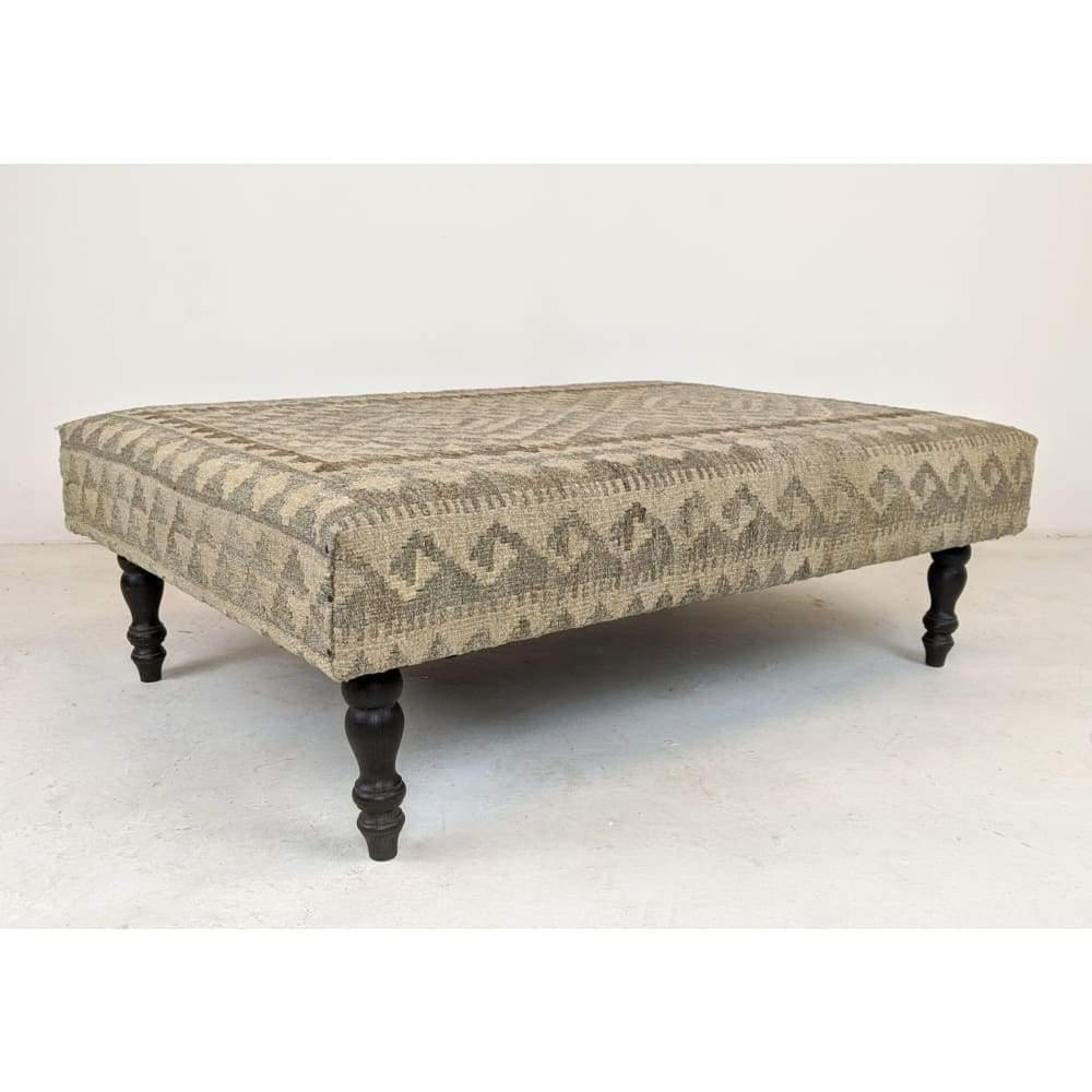 Kilim Footstool / Ottoman, Handmade Khudrang Kilim wool rug footstool on turned legs-Handmade Ethnic Footstools-KONTRAST