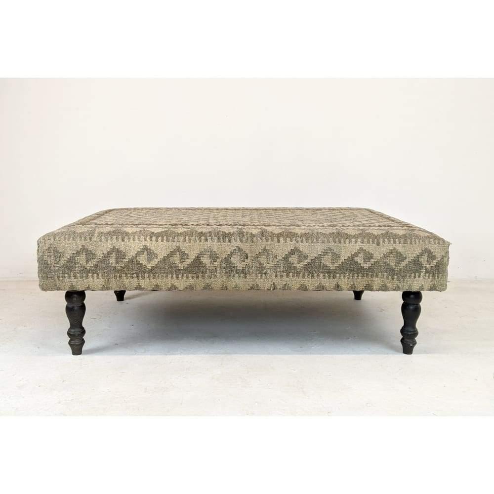 Kilim Footstool / Ottoman, Handmade Khudrang Kilim wool rug footstool on turned legs-Handmade Ethnic Footstools-KONTRAST