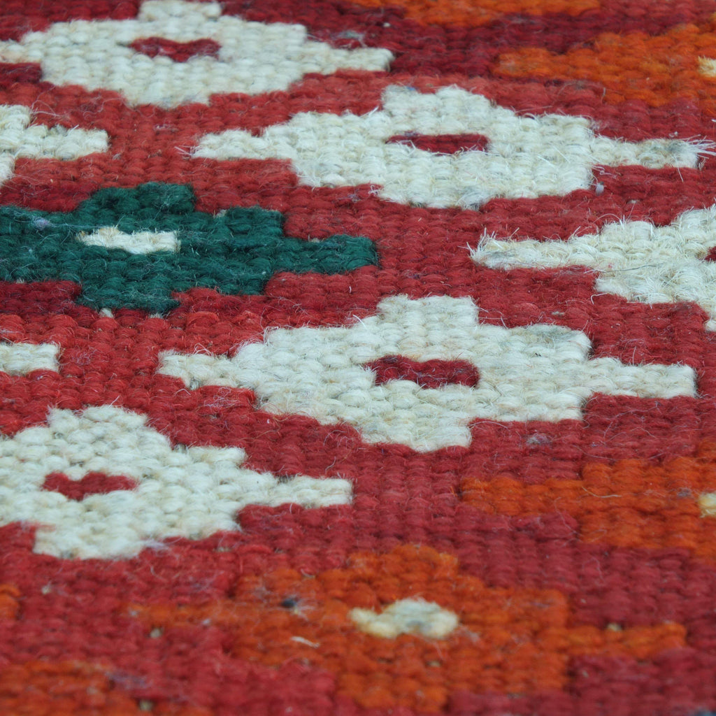 Kilim footstool - Handmade Red Kilim wool rug ottoman stool on turned legs - kelim-Handmade Ethnic Footstools-KONTRAST