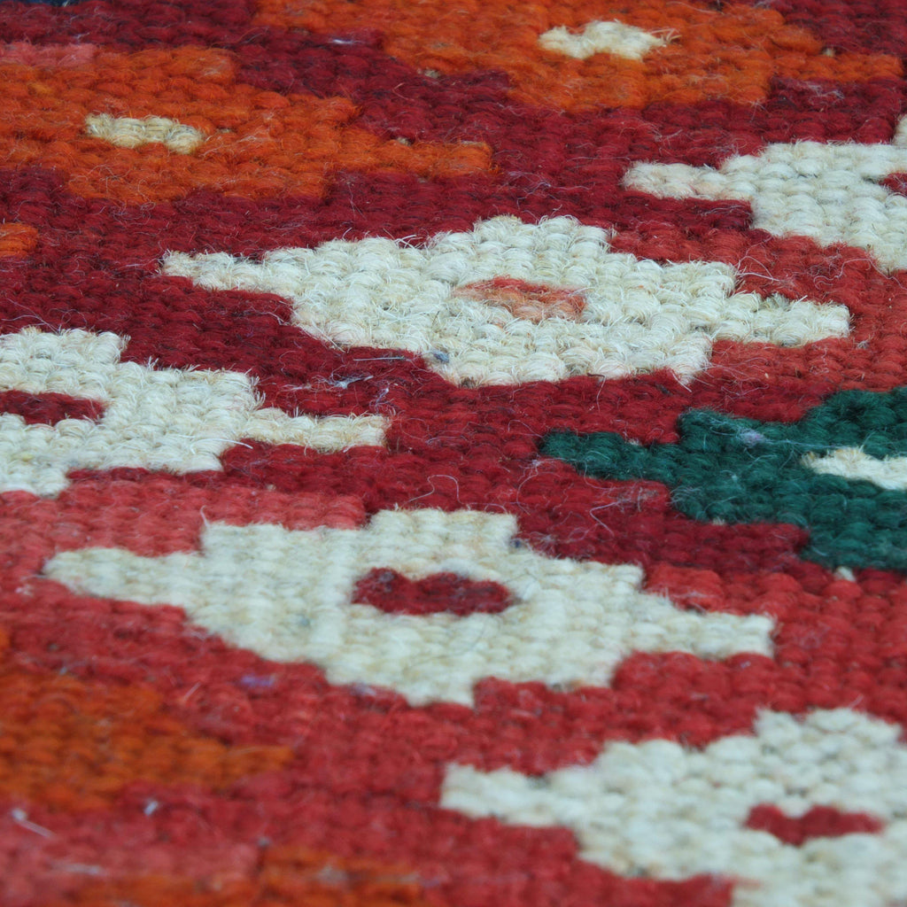 Kilim footstool - Handmade Red Kilim wool rug ottoman stool on turned legs - kelim-Handmade Ethnic Footstools-KONTRAST