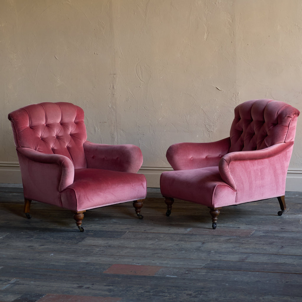 Pair of Howard Style Armchairs - pink velvet-Antique Seating-KONTRAST