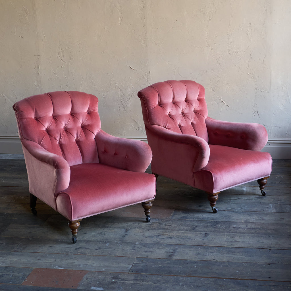 Pair of Howard Style Armchairs - pink velvet-Antique Seating-KONTRAST