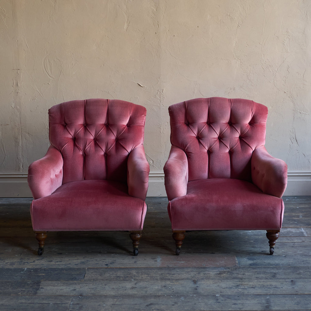 Pair of Howard Style Armchairs - pink velvet-Antique Seating-KONTRAST