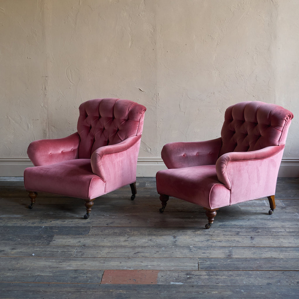 Pair of Howard Style Armchairs - pink velvet-Antique Seating-KONTRAST