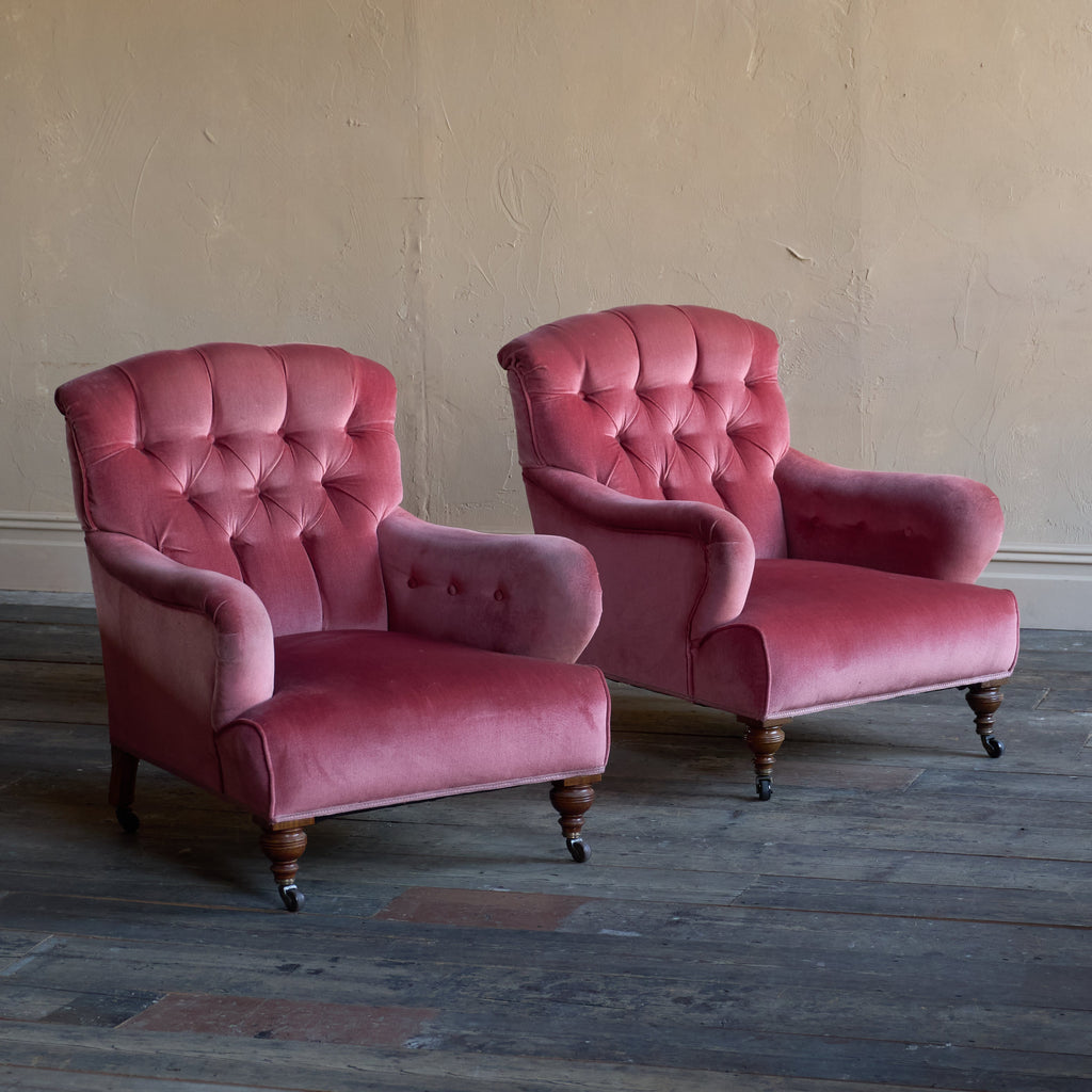 Pair of Howard Style Armchairs - pink velvet-Antique Seating-KONTRAST