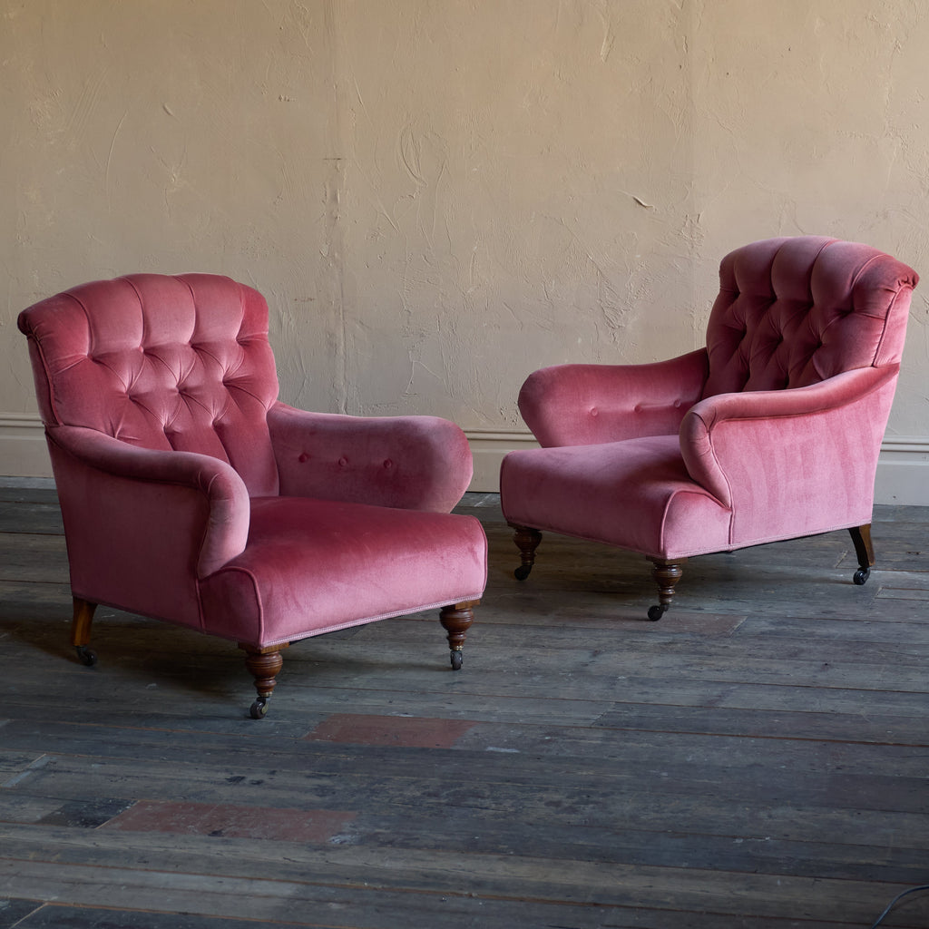 Pair of Howard Style Armchairs - pink velvet-Antique Seating-KONTRAST