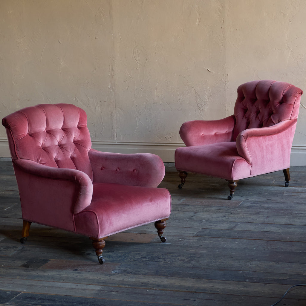 Pair of Howard Style Armchairs - pink velvet-Antique Seating-KONTRAST