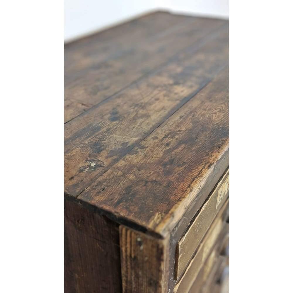 SOLD | Antique Pine Engineers Multi Drawer Storage Unit / Haberdashery Cabinet On Legs, Pitch Pine Sideboard/Retail Shop Display/Kitchen Island/ Apothecary-Antique Storage-KONTRAST