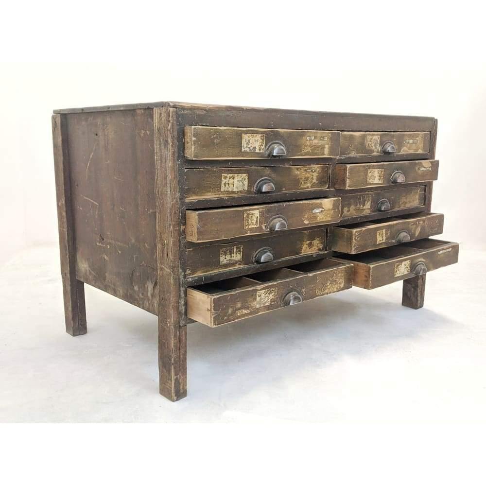 SOLD | Antique Pine Engineers Multi Drawer Storage Unit / Haberdashery Cabinet On Legs, Pitch Pine Sideboard/Retail Shop Display/Kitchen Island/ Apothecary-Antique Storage-KONTRAST