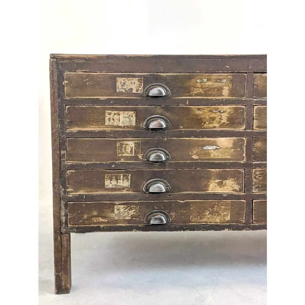 SOLD | Antique Pine Engineers Multi Drawer Storage Unit / Haberdashery Cabinet On Legs, Pitch Pine Sideboard/Retail Shop Display/Kitchen Island/ Apothecary-Antique Storage-KONTRAST