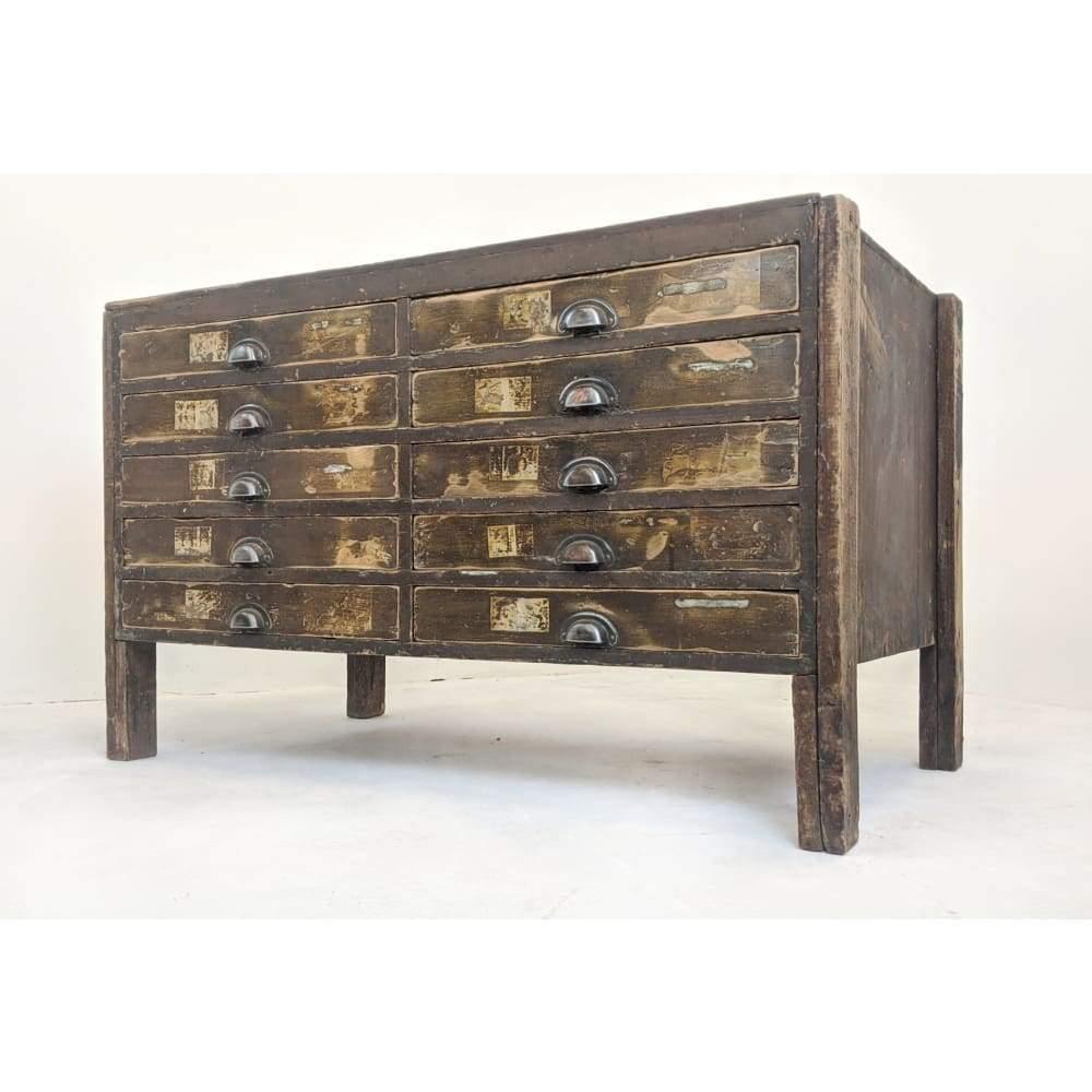 SOLD | Antique Pine Engineers Multi Drawer Storage Unit / Haberdashery Cabinet On Legs, Pitch Pine Sideboard/Retail Shop Display/Kitchen Island/ Apothecary-Antique Storage-KONTRAST