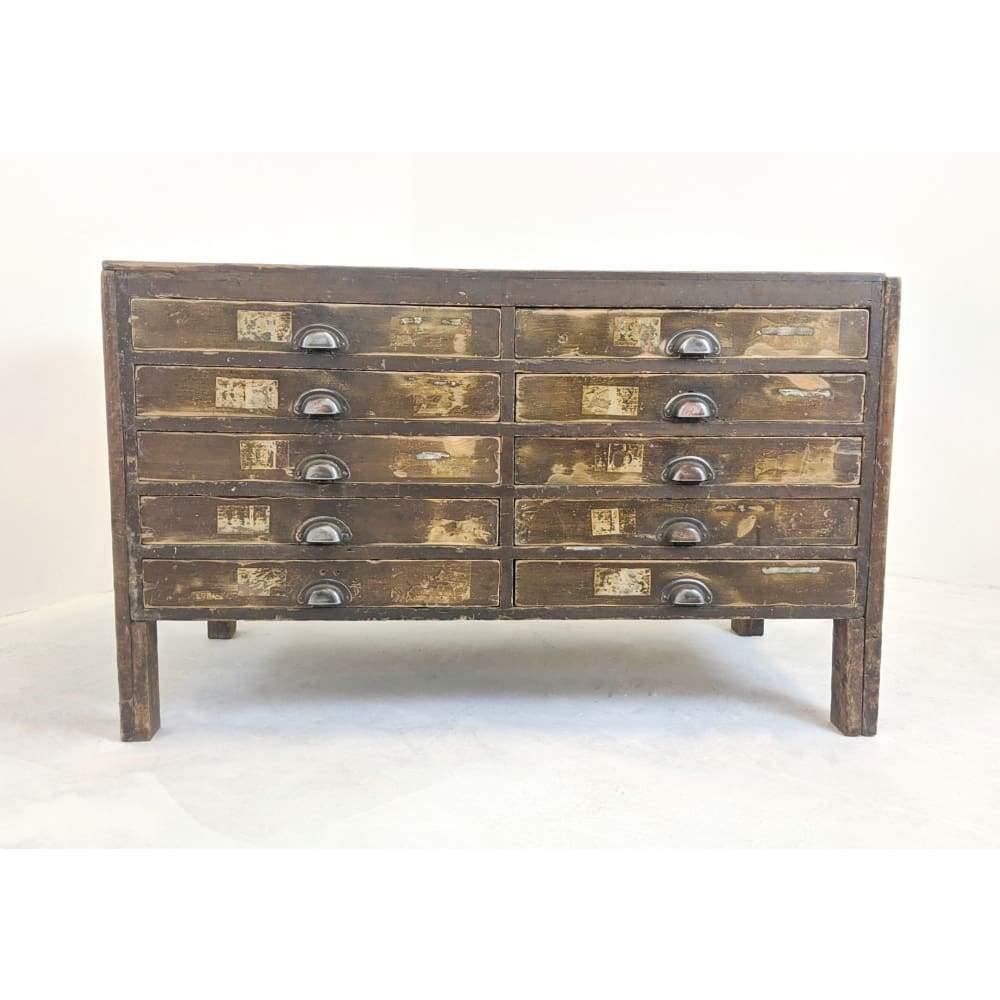 SOLD | Antique Pine Engineers Multi Drawer Storage Unit / Haberdashery Cabinet On Legs, Pitch Pine Sideboard/Retail Shop Display/Kitchen Island/ Apothecary-Antique Storage-KONTRAST