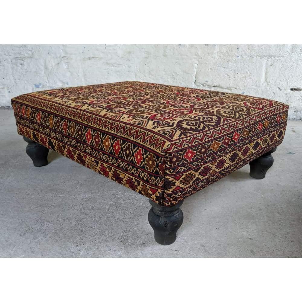 SOLD Kilim Footstool / Ottoman, Handmade wool rug footstool on turned legs-Handmade Ethnic Footstools-KONTRAST