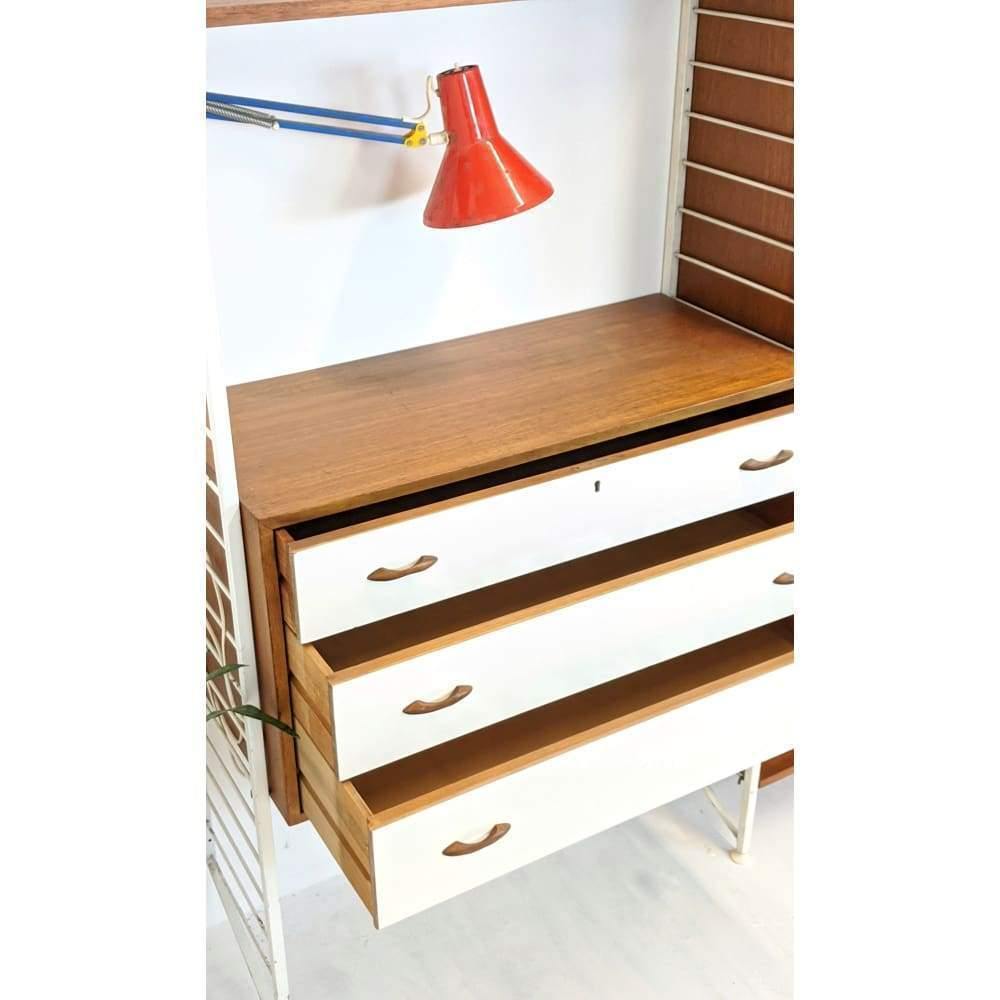 SOLD Staples Ladderax Display Storage Modular Shelving Unit with White Wardrobe, Teak drawers and Shelves designed be Robert Heal in 1964-Mid Century Storage-KONTRAST