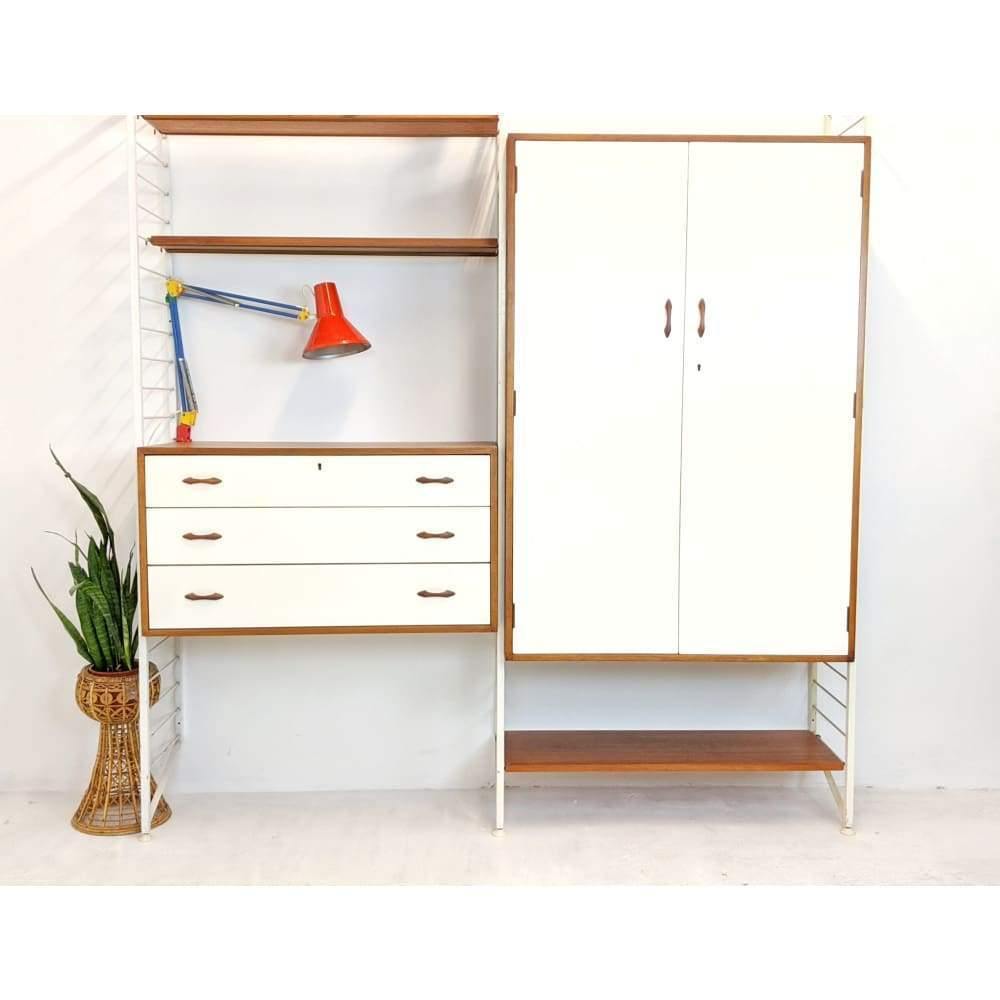 SOLD Staples Ladderax Display Storage Modular Shelving Unit with White Wardrobe, Teak drawers and Shelves designed be Robert Heal in 1964-Mid Century Storage-KONTRAST