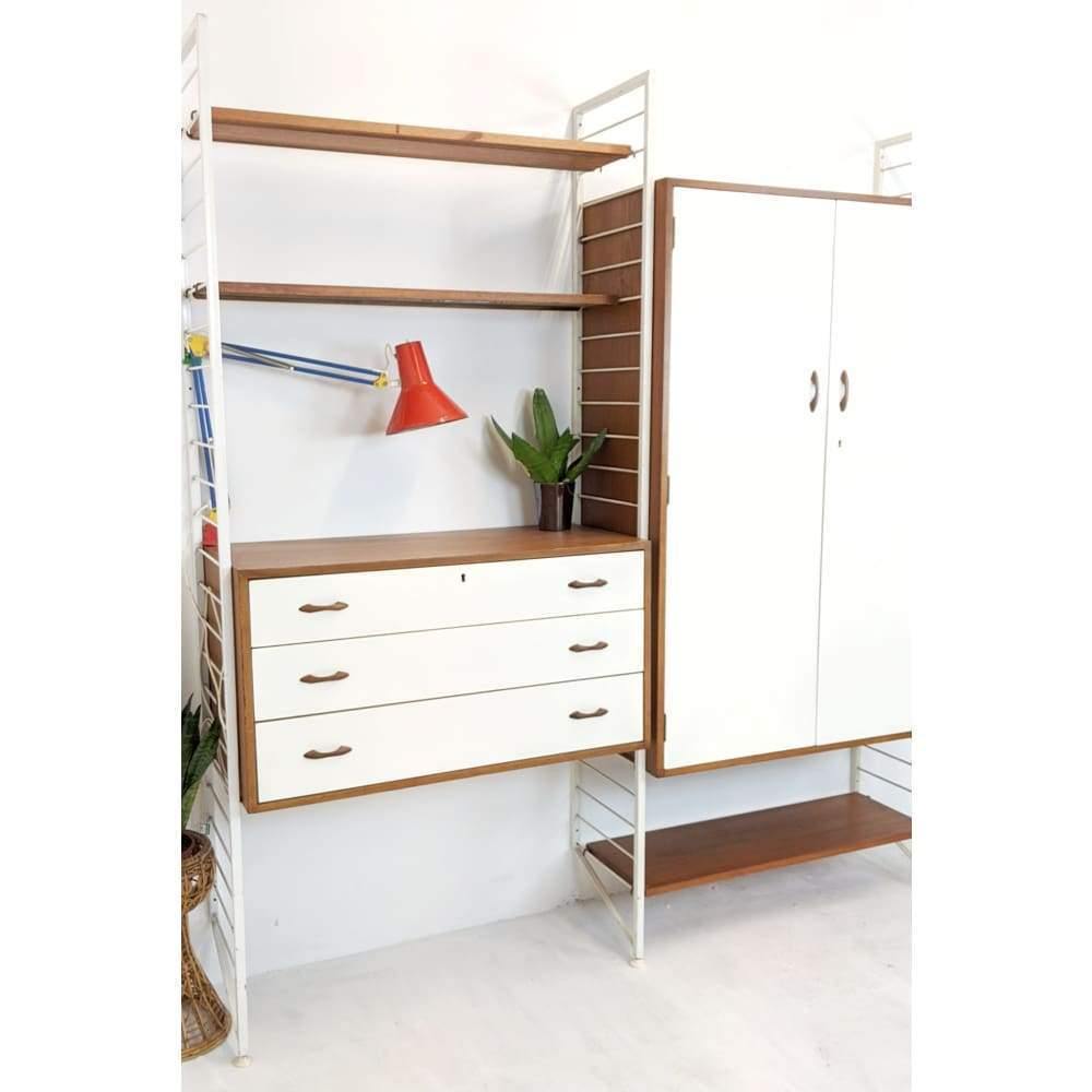 SOLD Staples Ladderax Display Storage Modular Shelving Unit with White Wardrobe, Teak drawers and Shelves designed be Robert Heal in 1964-Mid Century Storage-KONTRAST