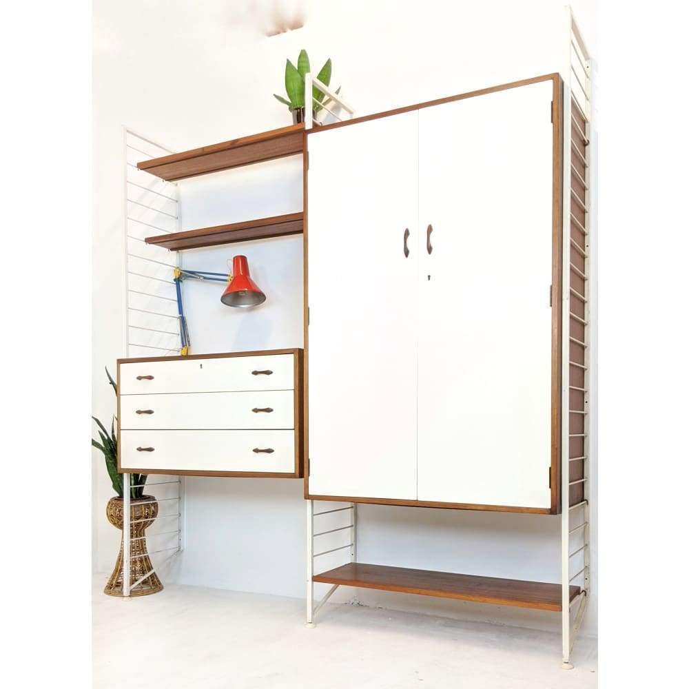 SOLD Staples Ladderax Display Storage Modular Shelving Unit with White Wardrobe, Teak drawers and Shelves designed be Robert Heal in 1964-Mid Century Storage-KONTRAST