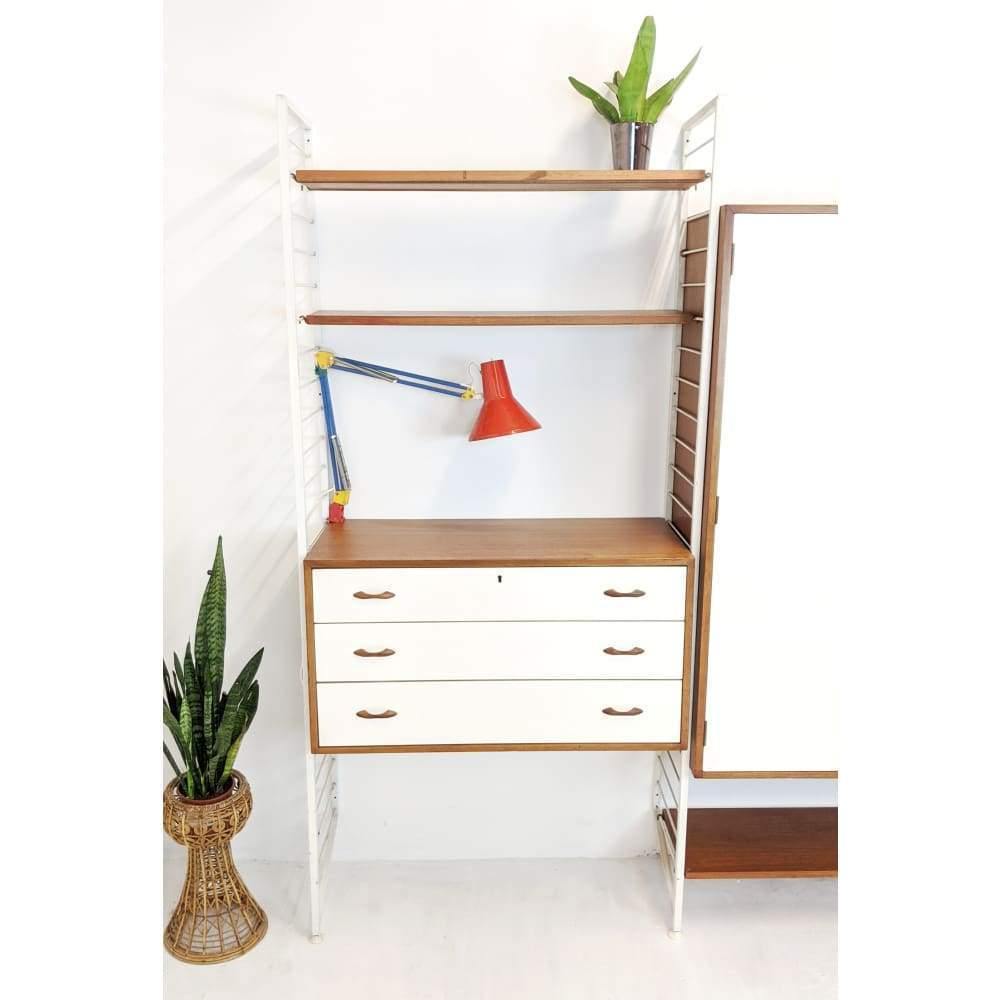 SOLD Staples Ladderax Display Storage Modular Shelving Unit with White Wardrobe, Teak drawers and Shelves designed be Robert Heal in 1964-Mid Century Storage-KONTRAST