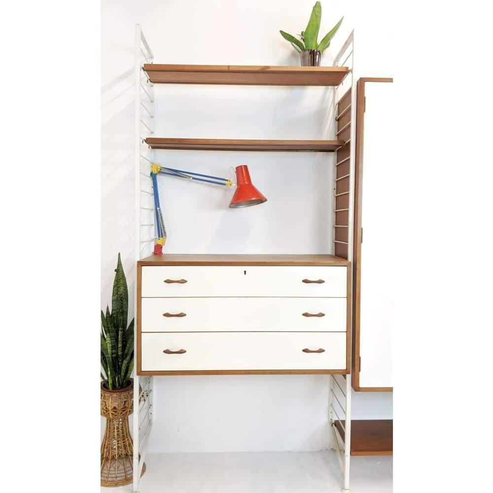 SOLD Staples Ladderax Display Storage Modular Shelving Unit with White Wardrobe, Teak drawers and Shelves designed be Robert Heal in 1964-Mid Century Storage-KONTRAST