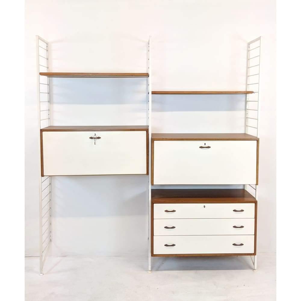 SOLD | Staples Ladderax Modular Office Storage unit featuring white bureaus, desk, drawers and teak shelves designed by Robert Heal in 1964-Mid Century Storage-KONTRAST