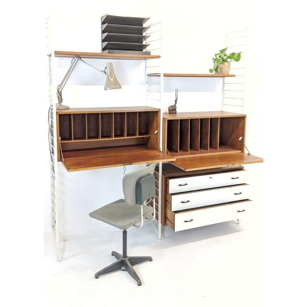 SOLD | Staples Ladderax Modular Office Storage unit featuring white bureaus, desk, drawers and teak shelves designed by Robert Heal in 1964-Mid Century Storage-KONTRAST