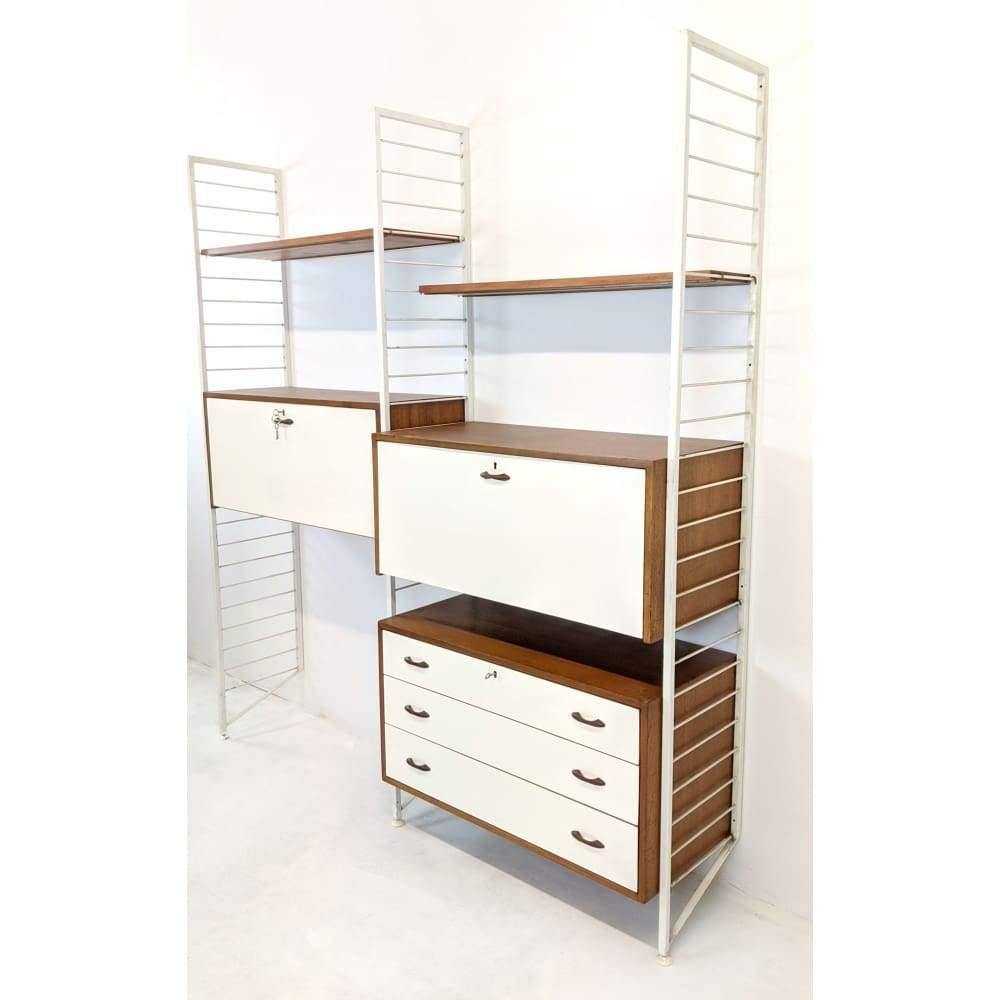 SOLD | Staples Ladderax Modular Office Storage unit featuring white bureaus, desk, drawers and teak shelves designed by Robert Heal in 1964-Mid Century Storage-KONTRAST