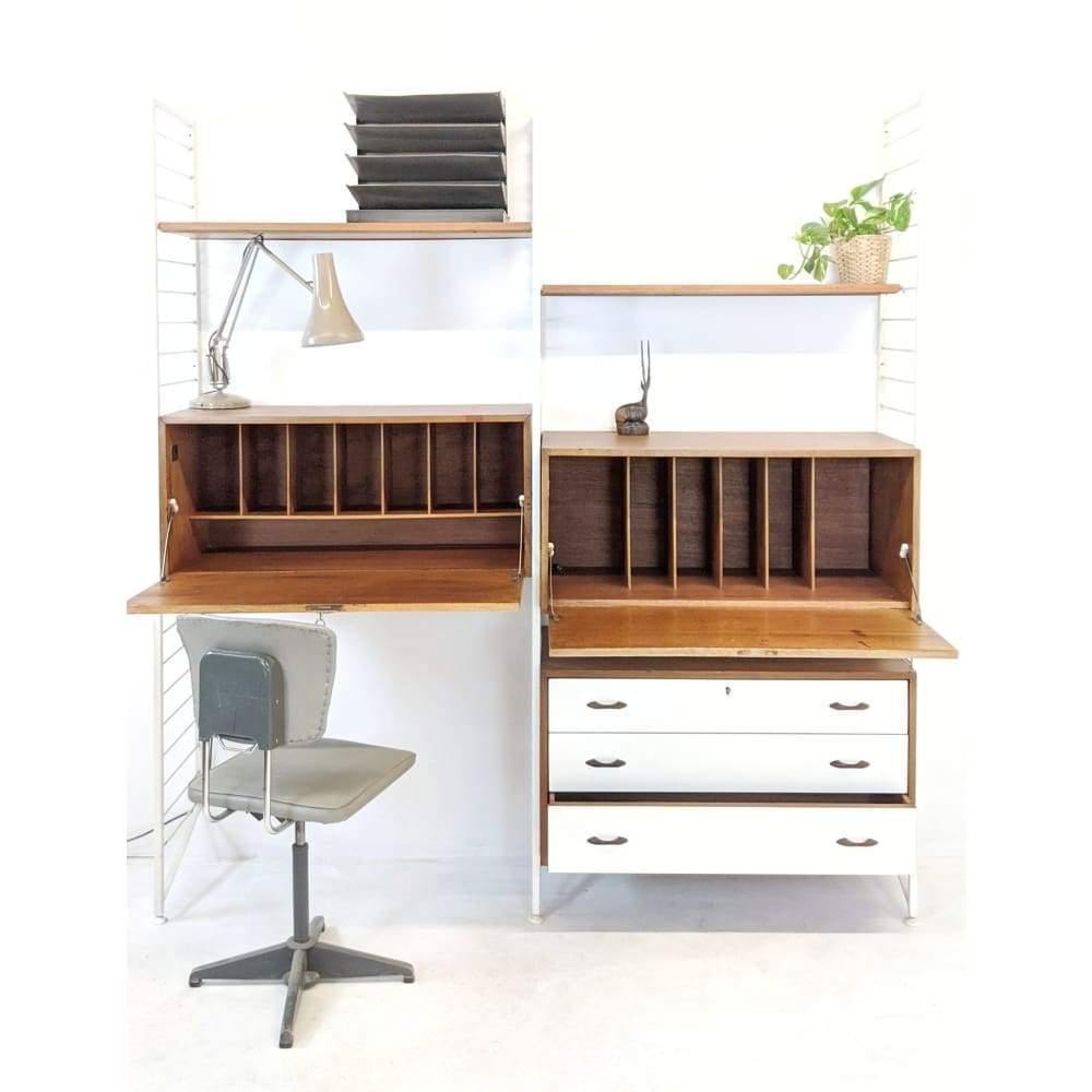 SOLD | Staples Ladderax Modular Office Storage unit featuring white bureaus, desk, drawers and teak shelves designed by Robert Heal in 1964-Mid Century Storage-KONTRAST