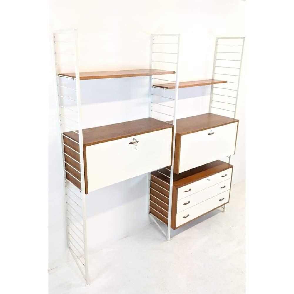 SOLD | Staples Ladderax Modular Office Storage unit featuring white bureaus, desk, drawers and teak shelves designed by Robert Heal in 1964-Mid Century Storage-KONTRAST